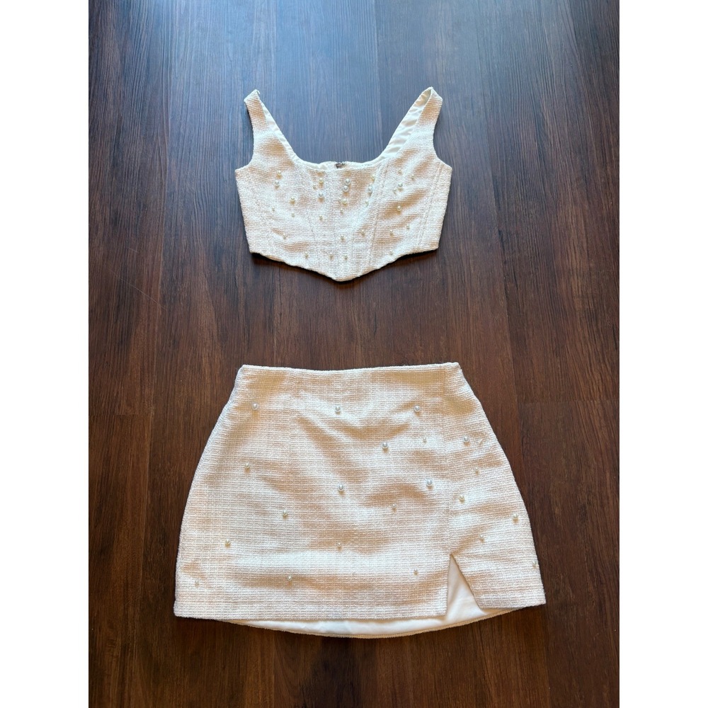 ♾️Altar'd State Two-Piece Set Pearl Button Crop Top Skirt Cream XXS/S Bridal♾️